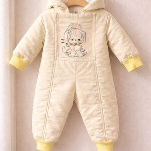 Vintage Baby Snowsuit Bunting Hooded Fleece Lined Zip Opening Puppy Embroidered